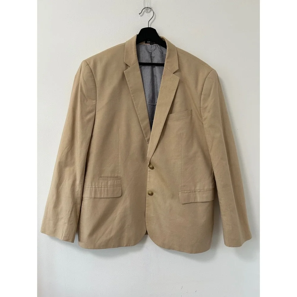 Express Slim Fit Cotton Blazer Mens 46R Tan Stretch Preppy Gingham Lining Jacket